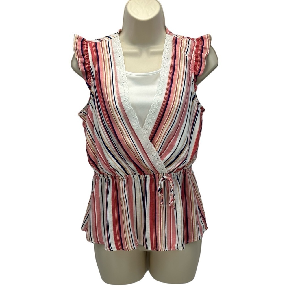 Monteau Kids Ruffle Cap Sleeve V Neck Striped Print Blouse - Pink Cream -size XL
